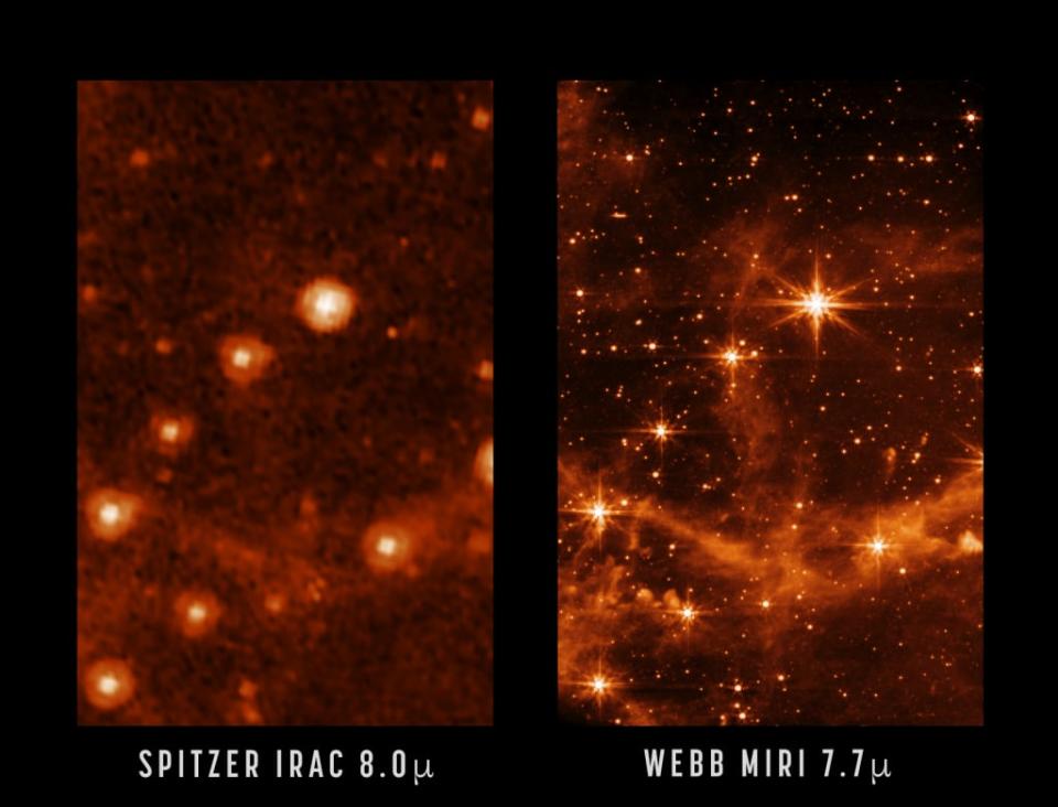 <div class="inline-image__caption"><p>The difference between the Spitzer's image of the Largellanic Cloud on the left, and the James Webb Space Telescope's on the right. </p></div> <div class="inline-image__credit">NASA/JPL-Caltech (left), NASA/ESA/CSA/STScI (right)</div>