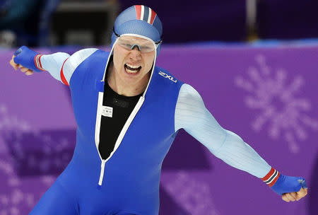 Speed Skating - Pyeongchang 2018 Winter Olympics - Men's 500m competition finals - Gangneung Oval - Gangneung, South Korea - February 19, 2018 - Havard Lorentzen of Norway reacts after the heat. REUTERS/Phil Noble