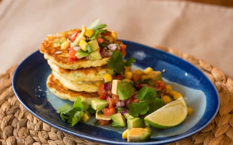 sweetcorn pancakes with avocado salsa - Credit: Andrew Crowley
