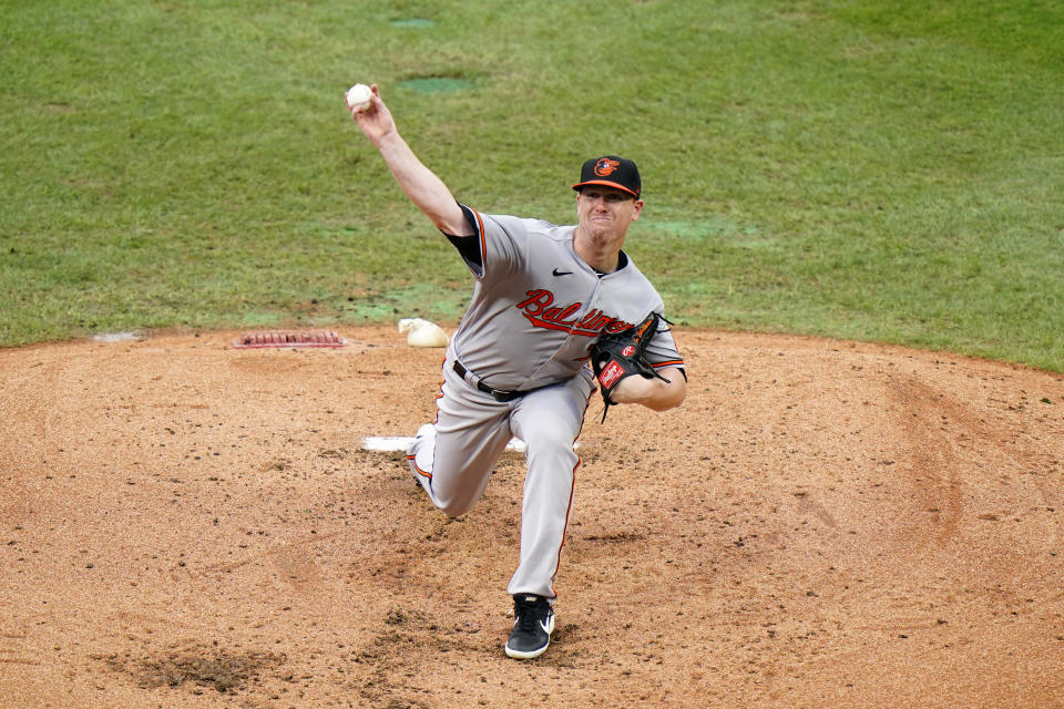 Baltimore Orioles' Tom Eshelman pitches during the fourth inning of a baseball game against the Philadelphia Phillies, Thursday, Aug. 13, 2020, in Philadelphia. (AP Photo/Matt Slocum)