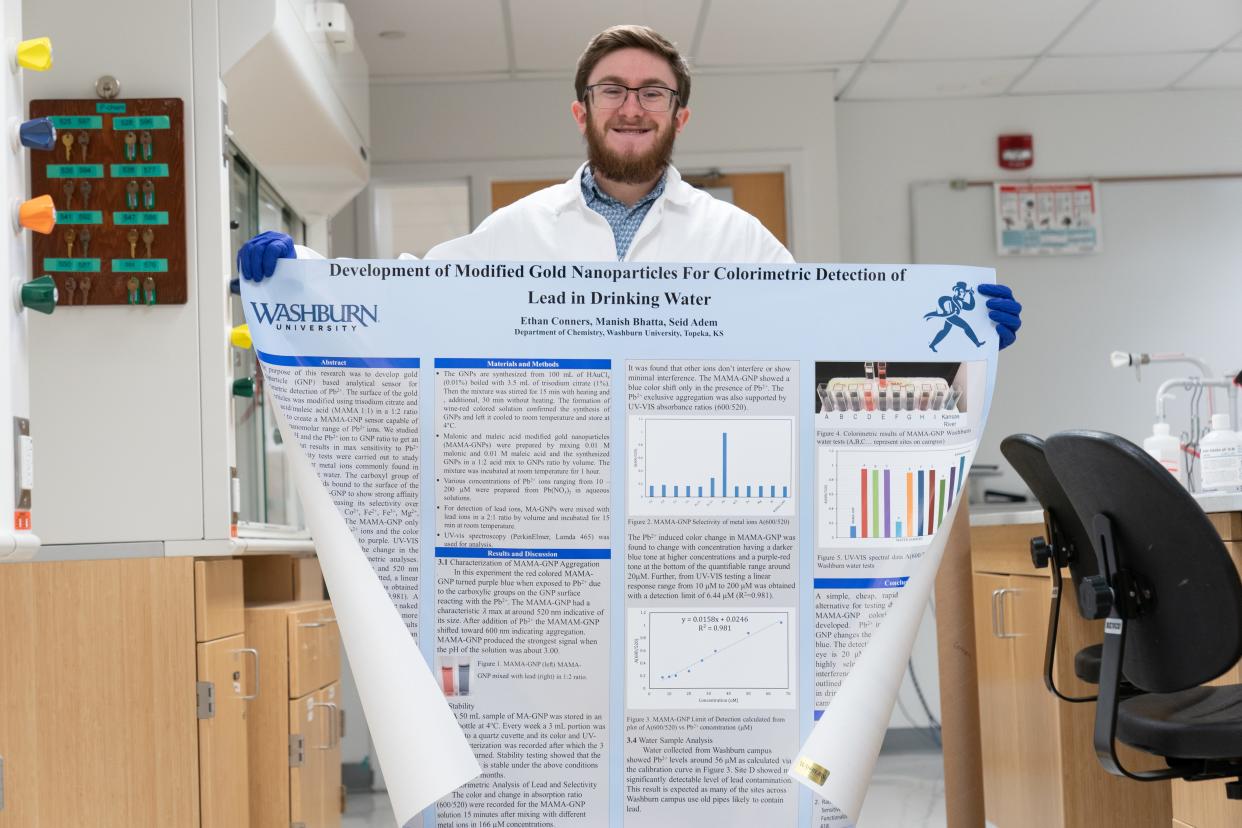 Ethan Connors unravels his poster from his research presentation “Development of Maleic/Malonic Acid Modified Gold Nanoparticles for Selective Colorimetric Analysis of Lead Ions in Water Samples” which won him the James Manner Award at the Pittsburgh Conference on Analytical Chemistry and Applied Spectroscopy (Pittcon) this year.