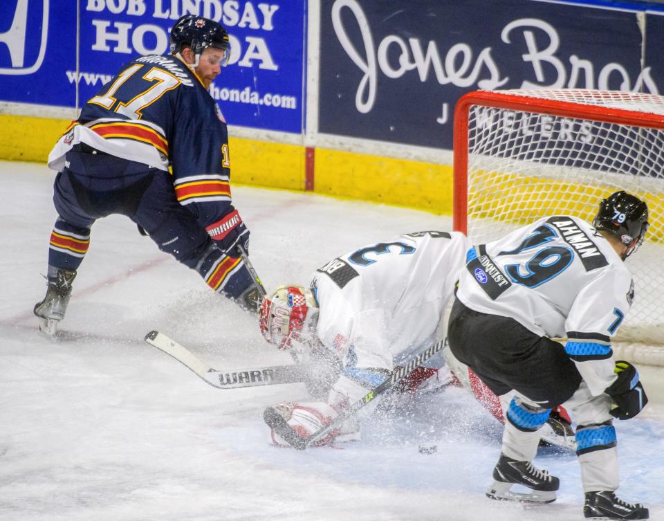 Peoria's Alec Hagaman (17) just misses a goal on Quad City Storm goaltender Bailey Brkin in the overtime period Thursday, Dec. 15, 2022 at Carver Arena.