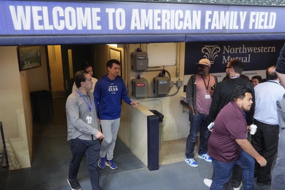 Chicago Cubs manager Craig Counsell walks out of the dugout to talk to reporters before a baseball game against the Milwaukee Brewers Monday, May 27, 2024, in Milwaukee. (AP Photo/Morry Gash)