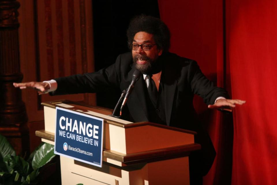 Scholar Cornell West speaks during “A Night at the Apollo” fundraiser event hosted by Democratic presidential hopeful Sen. Barack Obama (D-IL) at the Apollo Theater Nov. 29, 2007, in the Harlem neighborhood in New York City. (Photo by Hiroko Masuike/Getty Images)