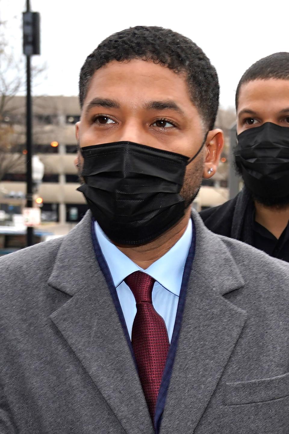 Actor Jussie Smollett arrives at the Leighton Criminal Courthouse for day three of his trial in Chicago on Wednesday, Dec. 1, 2021.