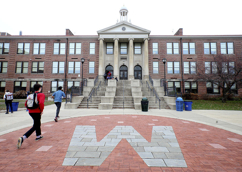 Outrage was growing among members of Madison, Wis.' black community after West High School security guard Marlon Anderson was fired for what he said was explicitly telling a student not to call him the "N-word" after the student repeatedly called him the slur. The school is pictured in a Monday, Nov. 12, 2018 file photo. (John Hart/Wisconsin State Journal via AP)