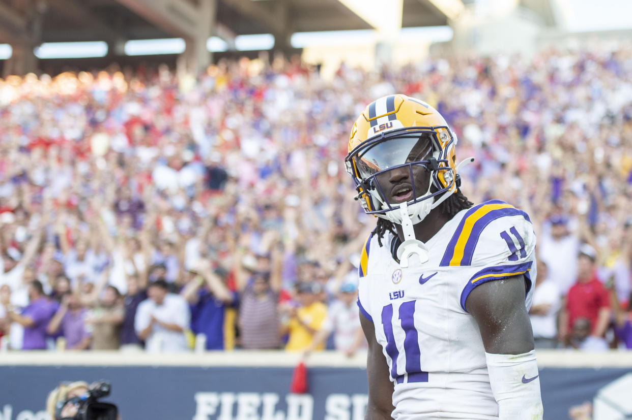 Brian Thomas Jr. is the second LSU wide receiver and third Tiger overall taken in the first round of this mock draft. (Photo by Michael Chang/Getty Images)