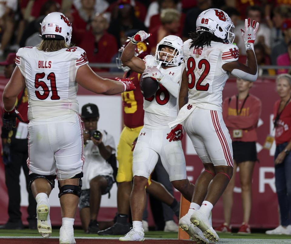 Utah Utes safety Sione Vaki (28) celebrates after scoring against USC at the Los Angeles Memorial Coliseum on Saturday, Oct. 21, 2023. | Laura Seitz, Deseret News