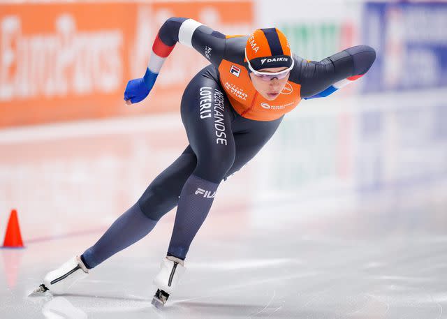 <p>Douwe Bijlsma/BSR Agency/Getty</p> Jutta Leerdam of The Netherlands competing at the ISU World Speed Skating Sprint Championships in Germany in March 2024.