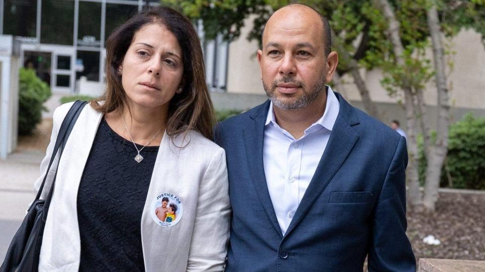 Nancy Iskander, center, arrivers with her husband and another person for Rebecca Grossman's sentencing hearing