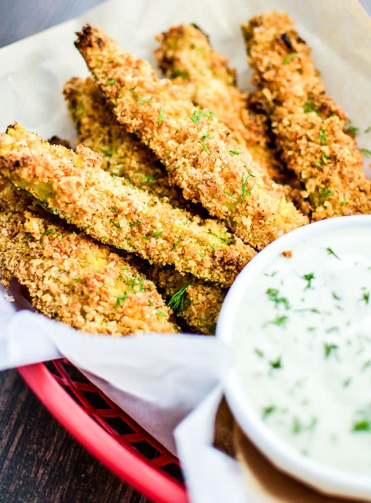 <p>Three different bread crumbs make these pickles extra crunchy. </p><p><em><a href="http://www.cookingandbeer.com/2015/01/oven-fried-pickles-homemade-dill-buttermilk-ranch/" rel="nofollow noopener" target="_blank" data-ylk="slk:Get the recipe from Cooking and Beer »;elm:context_link;itc:0;sec:content-canvas" class="link ">Get the recipe from Cooking and Beer »</a></em></p>