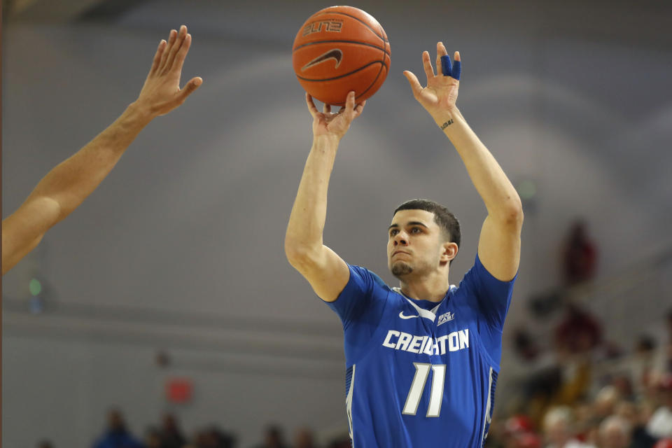Creighton guard Marcus Zegarowski (11) shoots for three points during the first half of an NCAA college basketball game against St. John's, Sunday, March 1, 2020, in New York. (AP Photo/Kathy Willens)