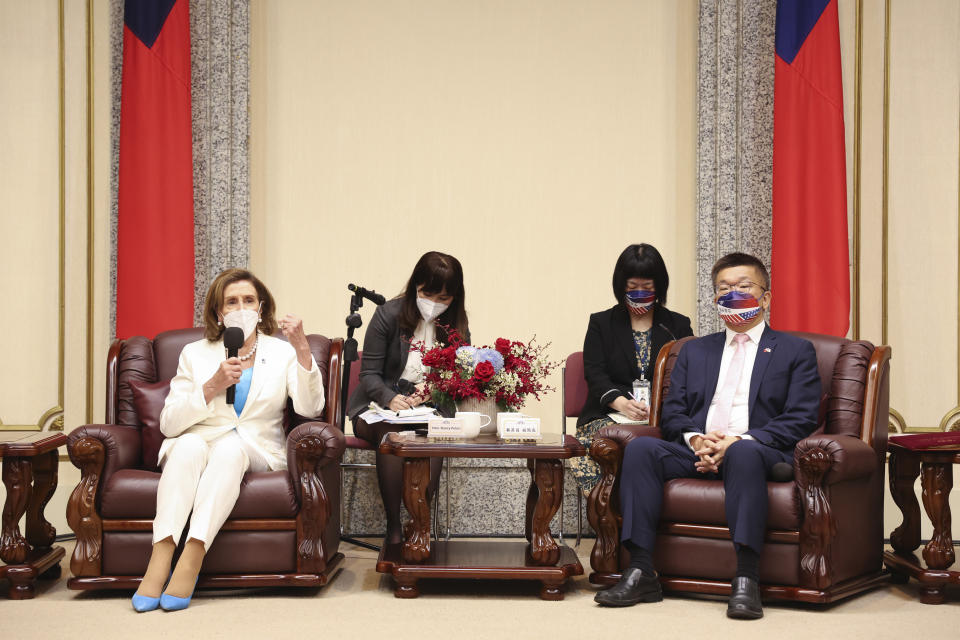 FILE - In this photo released by the Taiwan Legislative Yuan, U.S. House Speaker Nancy Pelosi, left, speaks during a meeting with Legislative Yuan Deputy Speaker Tsai Chi-chang in Taipei, Taiwan, Wednesday, Aug. 3, 2022. China announced Tuesday, Aug. 16, 2022, is imposing visa bans and other sanctions on a number of Taiwanese political figures including Tsai over their promotion of the self-governing island democracy's independence from Beijing. (Taiwan Presidential Office via AP, File)