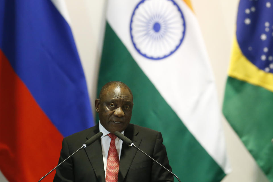 South Africa's President Cyril Ramaphosa speaks during the Leaders Dialogue with BRICS Business Council and the New Development Bank, at the Itamaraty Palace in Brasilia, Brazil, Thursday, Nov. 14, 2019. (AP Photo /Eraldo Peres)