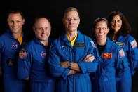 Boeing astronaut Chris Ferguson poses for a picture with NASA commercial crew astronauts Sunita Williams and Josh Cassada and his Star Liner crew astronauts Nicole Mann and Mike Fincke at the Johnson Space Center in Houston