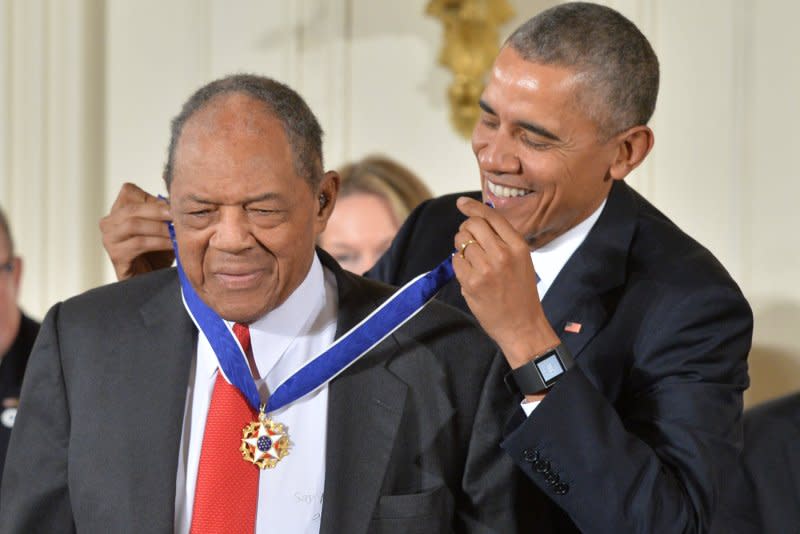 President Barack Obama, who presented Willie Mays with the Presidential Medal of Freedom in 2015, spoke through a video message at his celebration of life Monday in San Francisco. File Photo by Kevin Dietsch/UPI