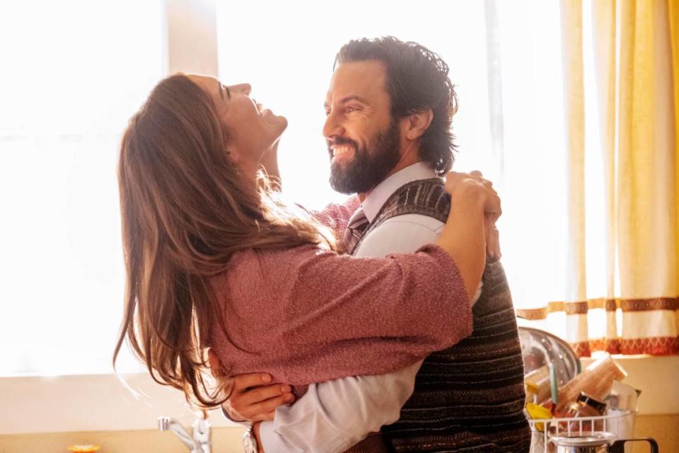 Mandy Moore as Rebecca, left, and Milo Ventimiglia as Jack, in a scene from the final season of “This Is Us.” NBC’s time-skipping family drama airs its final episode May 24, 2022, after six seasons.