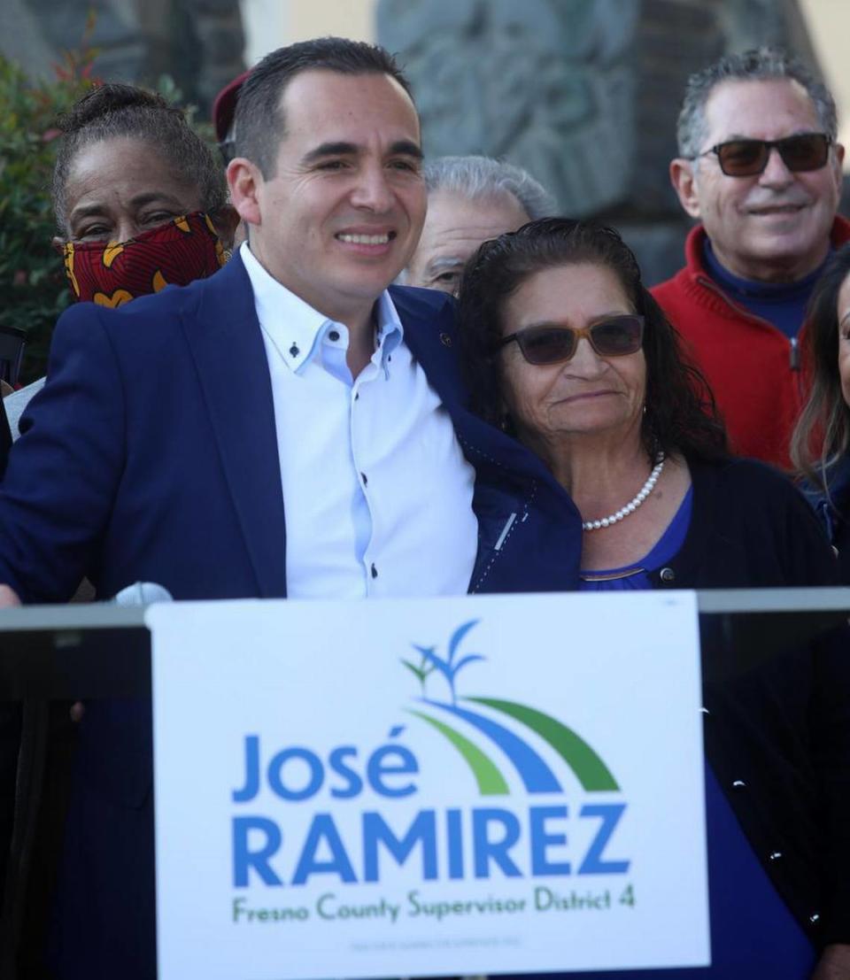 José Ramírez, 55, poses for a photo with his mother after announcing his candidacy for Fresno County Supervisor on Jan. 27, 2022.