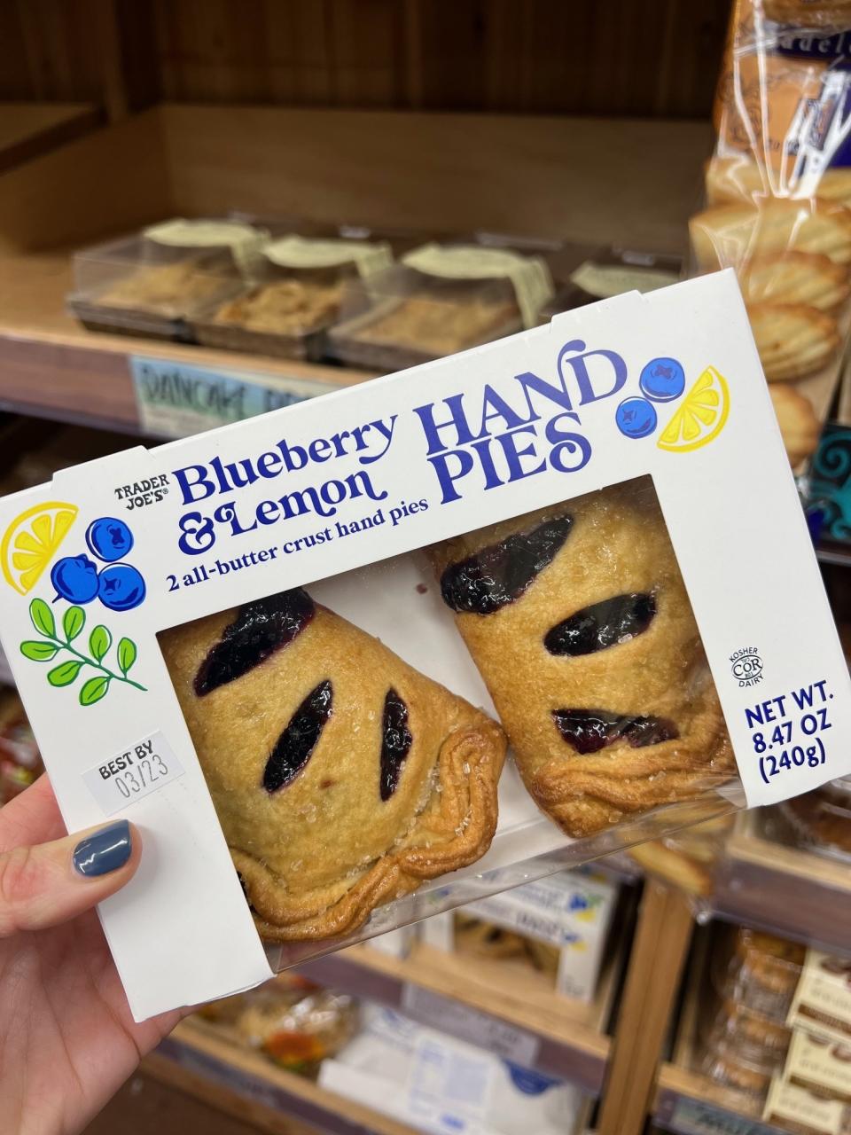 A box of Blueberry & Lemon Hand Pies: "2 all-butter crust hand pies"