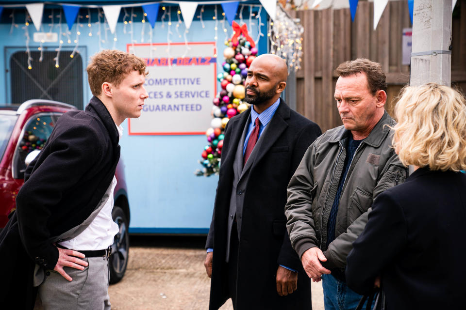 WARNING: Embargoed for publication until 00:00:01 on 02/12/2021 - Programme Name: EastEnders - October-December 2021 - TX: 13/12/2021 - Episode: EastEnders - October-December 2021 - 6393 (No. 6393) - Picture Shows: ***EMBARGOED TILL THURSDAY 2ND DECEMBER 2021*** Jay Mitchell (JAMIE BORTHWICK), Di Pine (SEABEART HENRY), Billy Mitchell (PERRY FENWICK), Janine Butcher (CHARLIE BROOKS) - (C) BBC - Photographer: Kieron McCarron/Jack Barnes