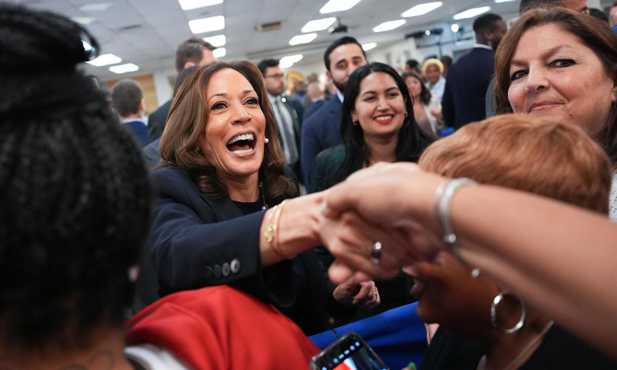 <span>Kamala Harris greets audience members at a campaign rally in Wayne, Michigan.</span><span>Photograph: Andrew Harnik/Getty Images</span>