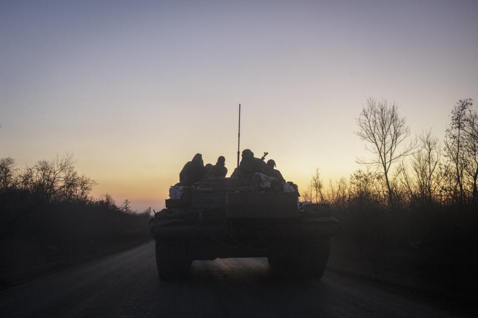 A Ukrainian tank moves on a street as the strikes continue on the Donbass frontline, during Russia and Ukraine war in Donbass, Ukraine on February 10 (Anadolu Agency via Getty Images)