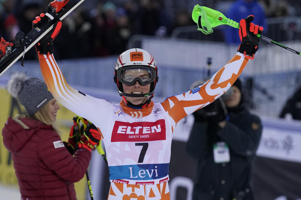 Slovakia's Petra Vlhova celebrates winning an alpine ski World Cup women's slalom race, in Levi, Finland, Saturday, Nov. 11, 2023. (AP Photo/Giovanni Auletta)