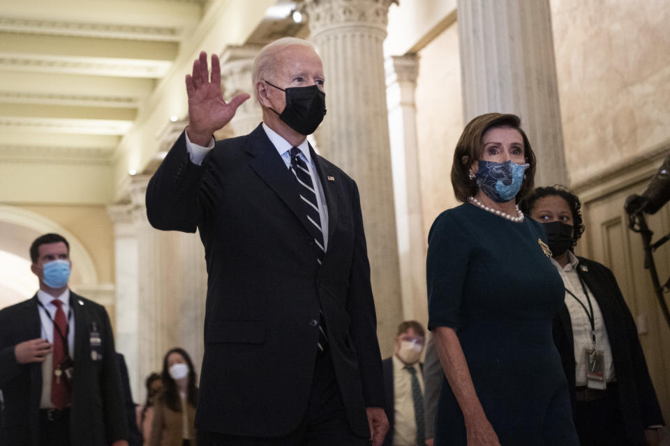 UNITED STATES - OCTOBER 28: Speaker of the House Nancy Pelosi, D-Calif., walks President Joe Biden out of the U.S. Capitol after a meeting with the House Democratic Caucus on the reconciliation package on Thursday, October 28, 2021. (Photo By Tom Williams/CQ-Roll Call, Inc via Getty Images)