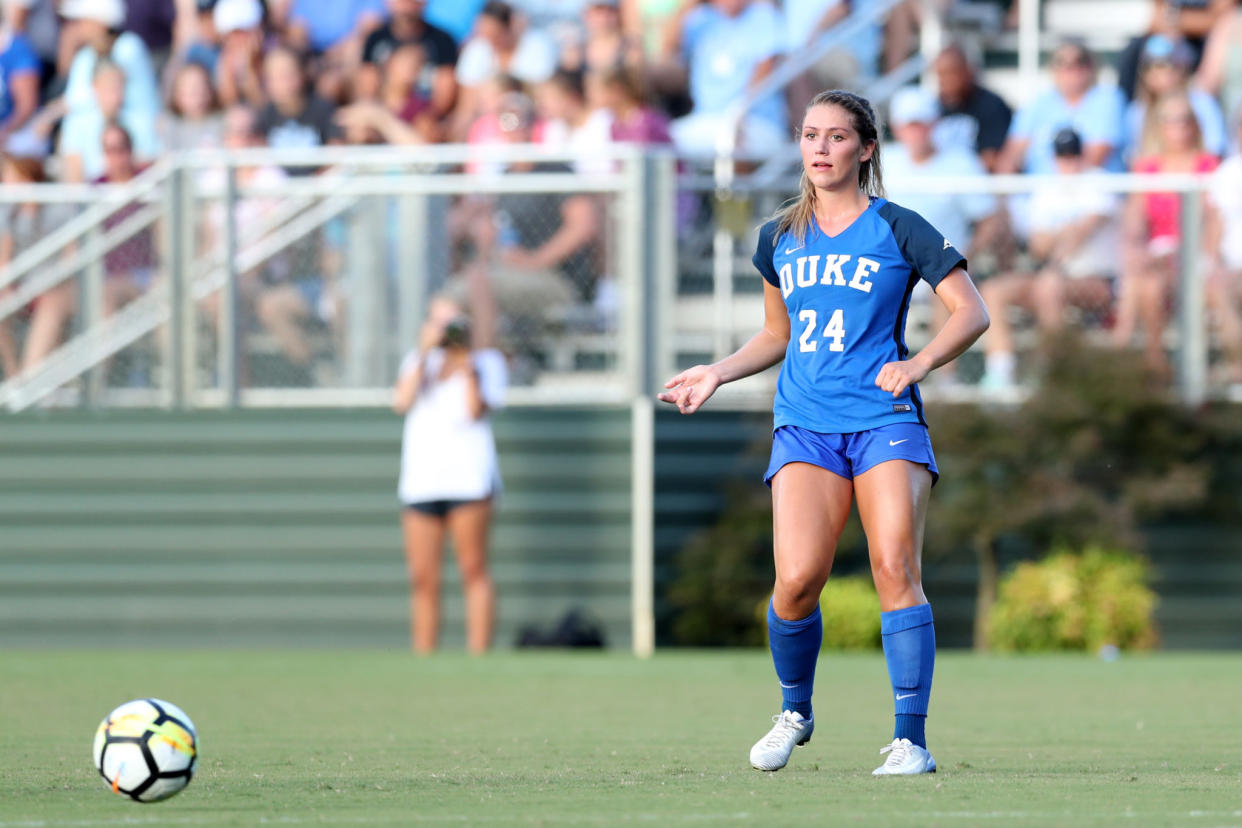 Duke soccer player Morgan Reid on the field.