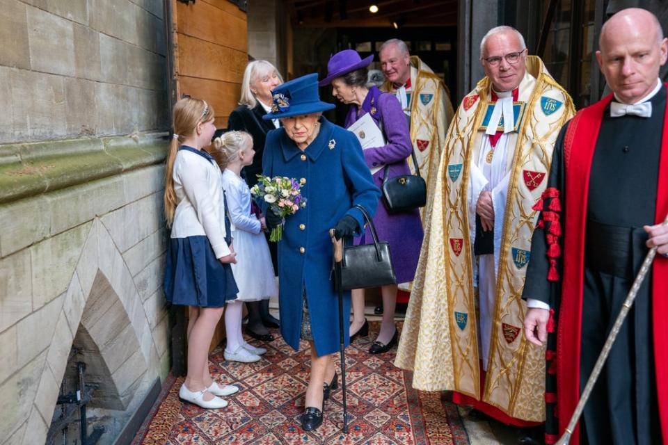 The Queen uses a walking stick as she arrives with the Princess Royal to attend a Service of Thanksgiving at Westminster Abbey in London on October 12 (Arthur Edwards/The Sun/PA) (PA Wire)