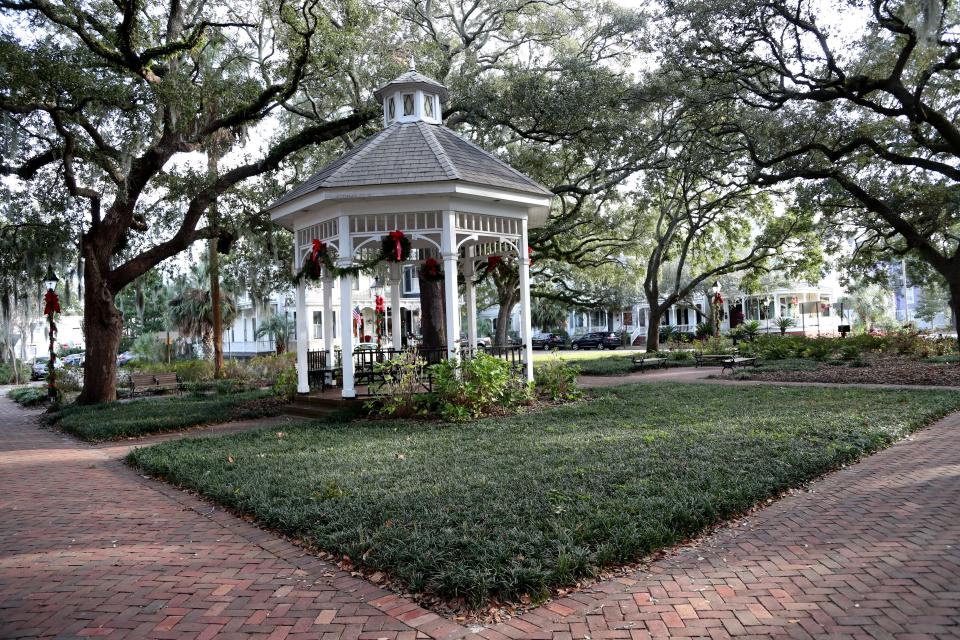 The gazebo in Whitefield Square in Savannah is decorated for Christmas.