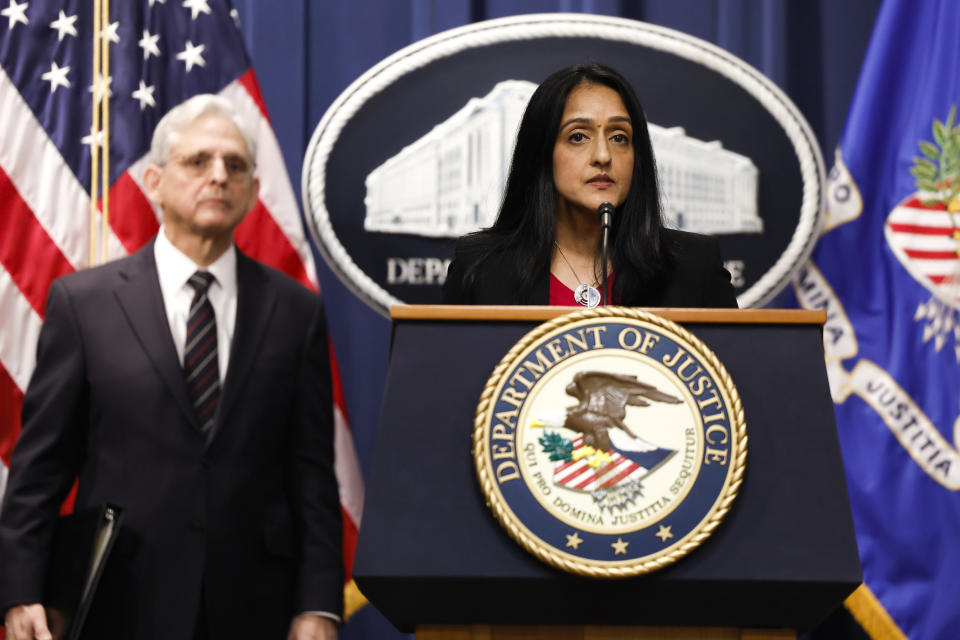 WASHINGTON, DC - JANUARY 24: U.S. Associate Attorney General Vanita Gupta is joined by U.S. Attorney General Merrick Garland  as she speaks during a news conference at the Justice Department to announce a new antitrust lawsuit against Google on January 24, 2023 in Washington, DC. The Justice Department and states including California, New York, Colorado and Virginia, have filed a lawsuit against Google over the company's monopolization of the market for online ads.  (Photo by Anna Moneymaker/Getty Images)