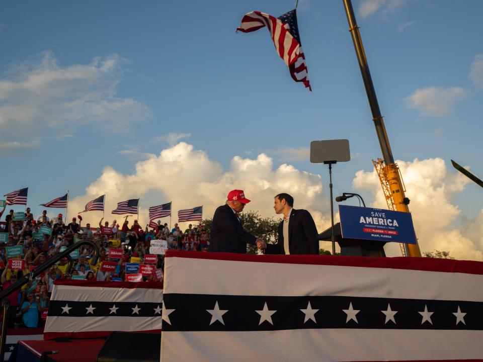 Rally goers, 45th President Donald Trump and Marco Rubio are seen at the Save America Rally at the Miami Dade County Fair and Expo in Miami on Sunday November 6, 2022. ORG XMIT: 2634540 (Via OlyDrop)