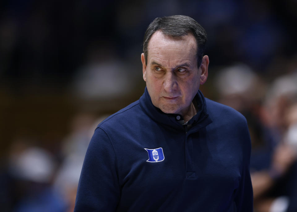 DURHAM, NORTH CAROLINA - FEBRUARY 07: Head coach Mike Krzyzewski of the Duke Blue Devils watches his team play against the Virginia Cavaliers during the second half of their game at Cameron Indoor Stadium on February 07, 2022 in Durham, North Carolina. Virginia won 69-68. (Photo by Grant Halverson/Getty Images)