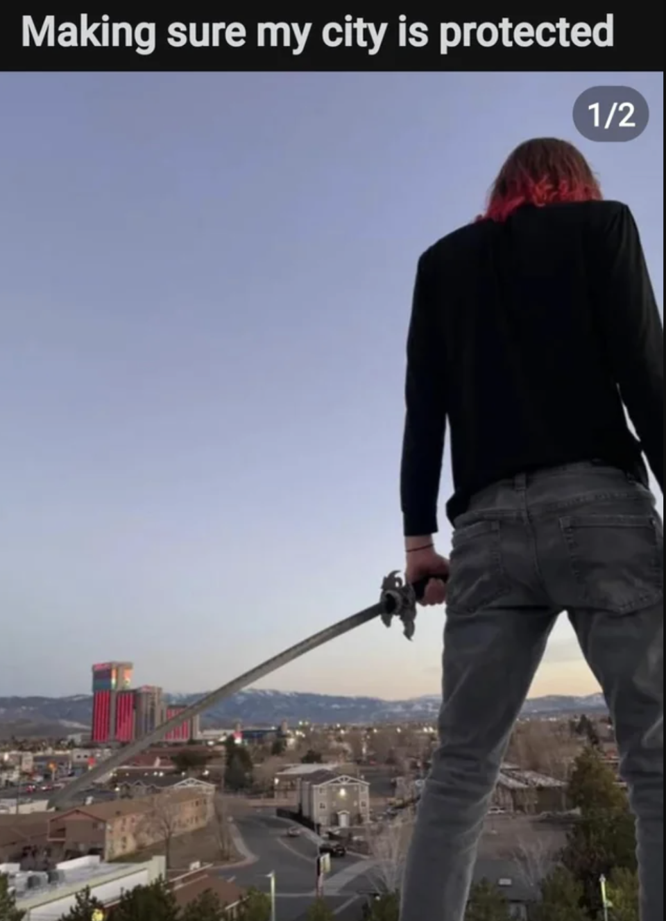 person standing with a sword with text, making sure my city is protected