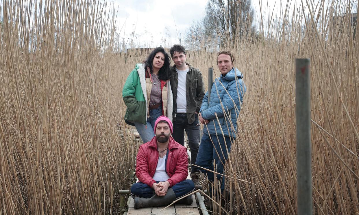<span>Wild Service contributors from front clockwise: Nick Hayes, Nadia Shaik, Jon Moses and Paul Powlesland at the River Roding near Barking, Essex.</span><span>Photograph: Martin Godwin/The Guardian</span>