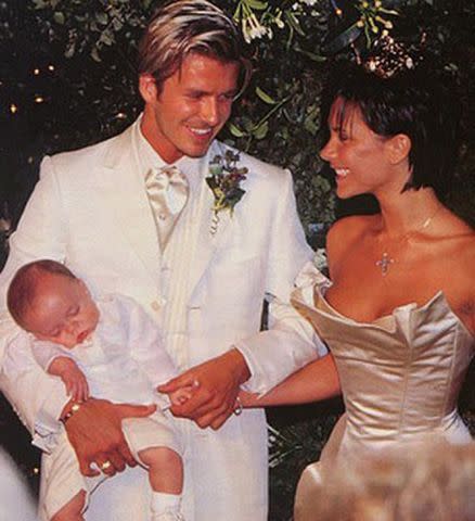 <p>Victoria Beckham Instagram </p> David and Victoria Beckham during their wedding in 1999.