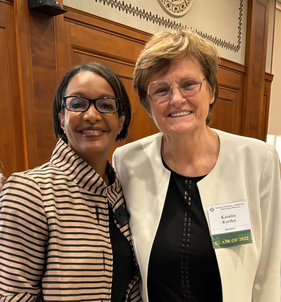 Dr. Monica Peek, left, with Nobel Prize winner and fellow member of the 2022 National Academy of Medicine class, Dr. Katalin Kariko, in Washington, D.C., Oct. 7, 2023. Courtesy of Dr. Michele Heisler