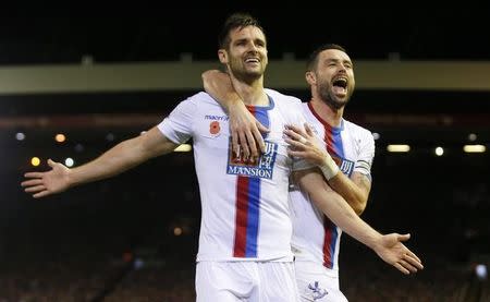 Football - Liverpool v Crystal Palace - Barclays Premier League - Anfield - 8/11/15 Crystal Palace's Scott Dann celebrates scoring their second goal with Damien Delaney (R) Action Images via Reuters / Lee Smith