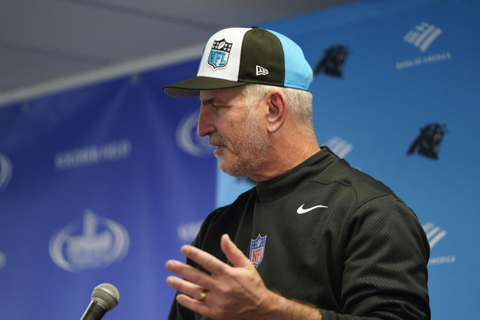 Carolina Panthers head coach Frank Reich speaks during a press conference after his team's loss to the Chicago Bears after an NFL football game Thursday, Nov. 9, 2023, in Chicago. (AP Photo/Erin Hooley)