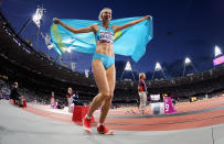 LONDON, ENGLAND - AUGUST 05: Olga Rypakova of Kazakhstan celebrates winning gold in the Women's Triple Jump on Day 9 of the London 2012 Olympic Games at Olympic Stadium on August 5, 2012 in London, England. (Photo by Pascal Le Segretain/Getty Images)