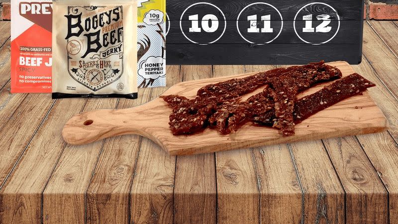 a selection of meaty treats outside the box for a jerky advent calendar