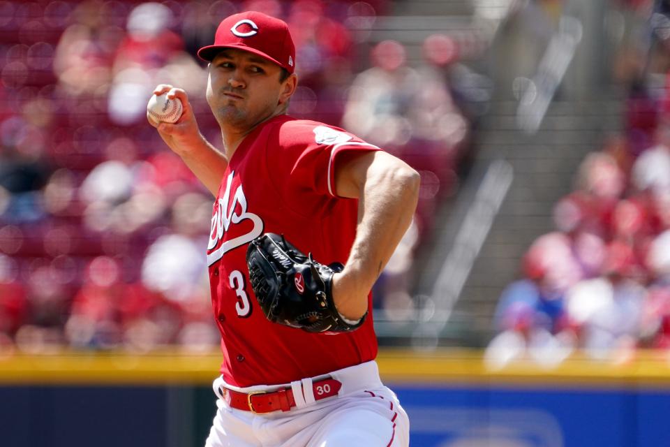Cincinnati Reds starting pitcher Tyler Mahle (30) delivers in the first inning during a baseball game against the San Francisco Giants, Sunday, May 29, 2022, at Great American Ball Park in Cincinnati. 