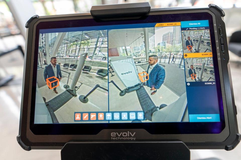 The Evolv Express weapons detection system flags a weapon that Dominck D'Orazio, Evolv Technology account executive, wears on his hip while demonstrating the system, Wednesday, May 25, 2022, in New York (AP)