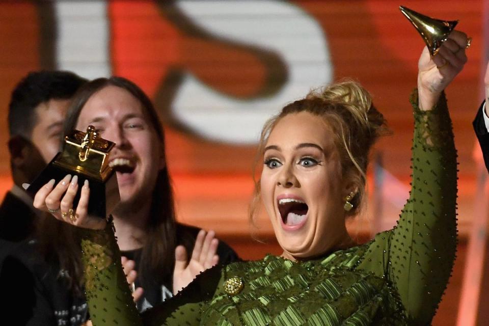 Adele celebrates her album of the year award at the 2017 Grammys (Kevork Djansezian/Getty Images)