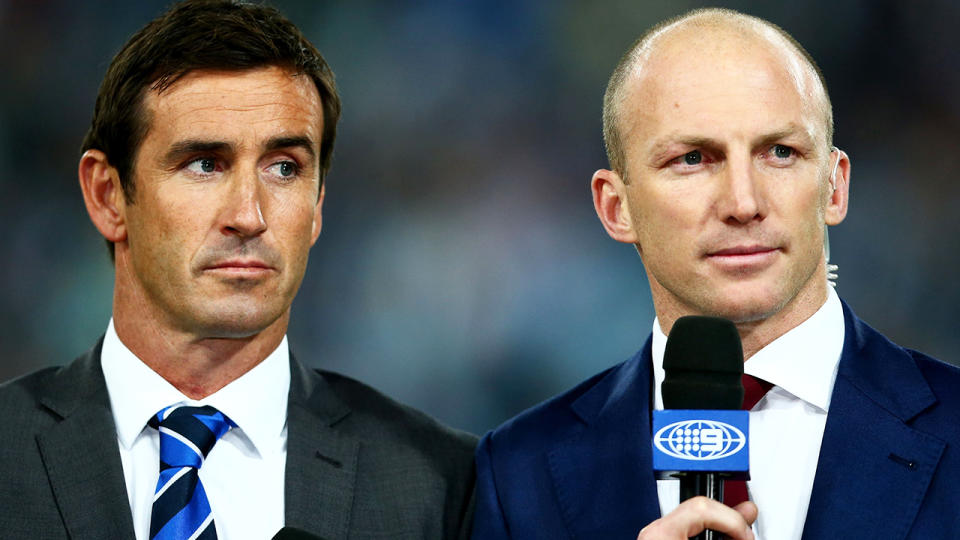 Andrew Johns and Darren Lockyer, pictured here during an NRL broadcast in 2018.