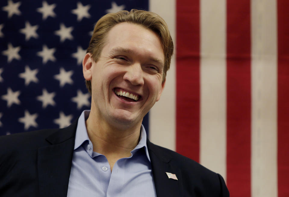 FILE - In this Nov. 6. 2018, file photo, Democratic congressional candidate Nate McMurray makes his concession speech following his loss to Republican incumbent Chris Collins who was re-elected to New York's 27th Congressional District, in Hamburg N.Y. The special election in the Republican-leaning district pits state Sen. Chris Jacobs, a wealthy developer, against Democrat Nate McMurray, a former town supervisor who lost to Collins by about 2,500 votes two years ago.(AP Photo/Jeffrey T. Barnes, FIle)