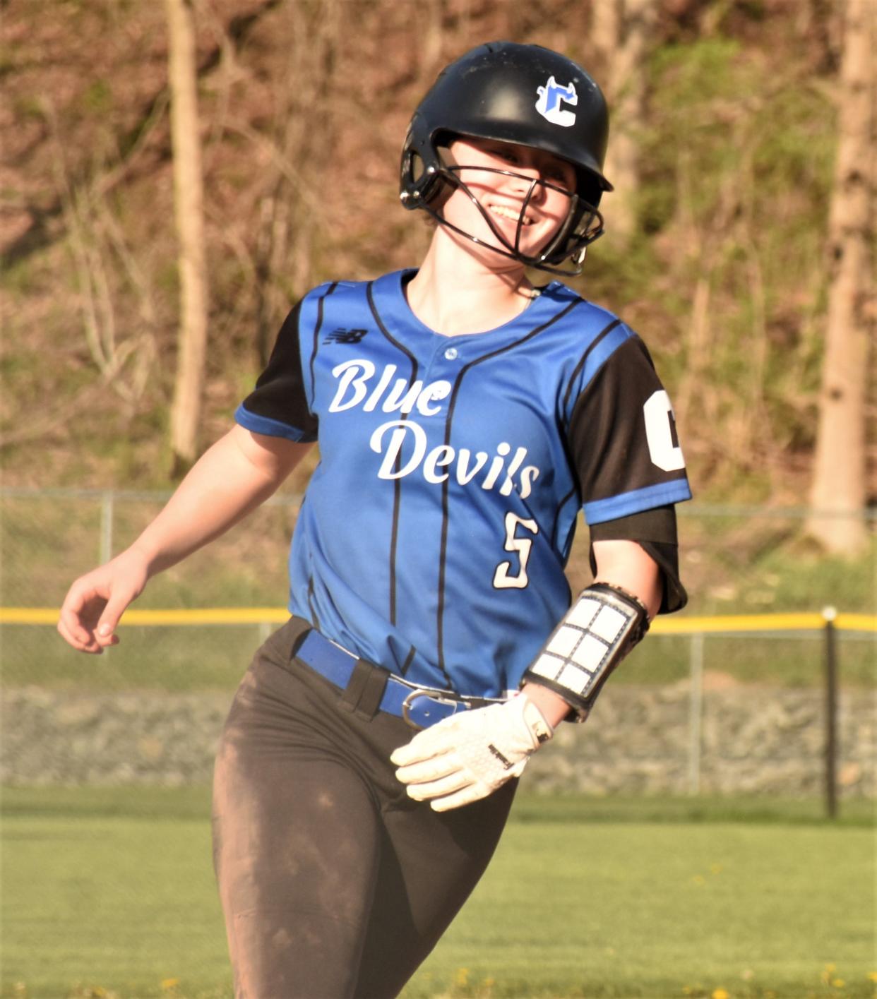 Freshman Amber Shenk rounds the bases with one of four Camden home runs hit in the fifth inning of Friday's game. The win over Central Valley Academy at Lower Tolpa was Camden's eighth in a row to start the season.
