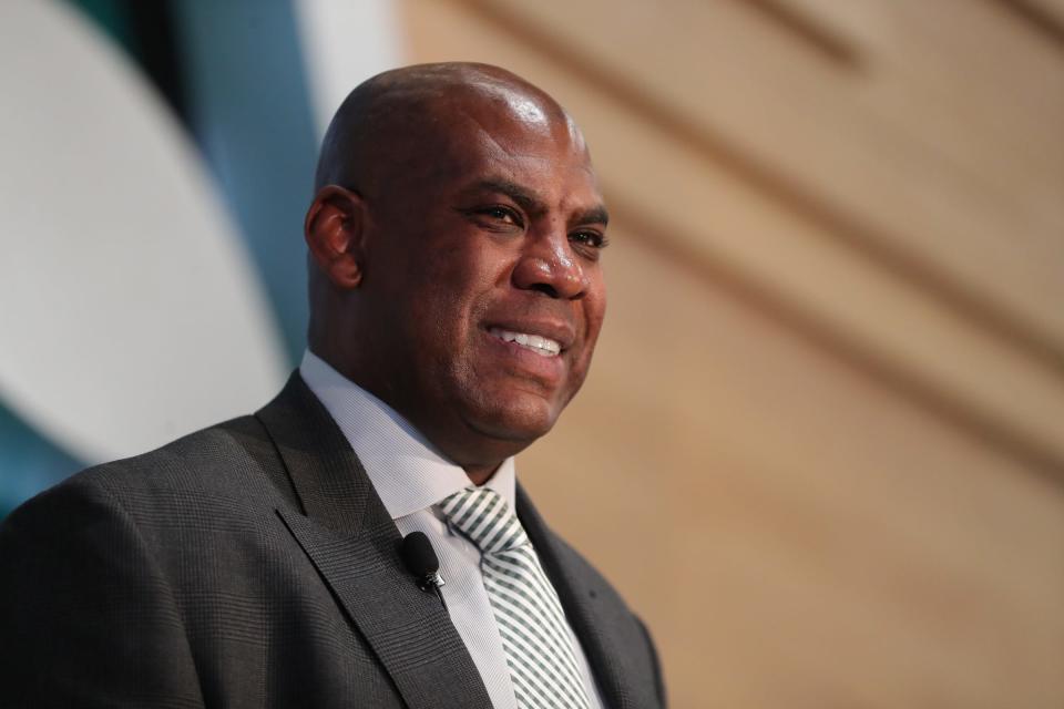 Mel Tucker is introduced as the new Michigan State football coach Wednesday, Feb. 12, 2020 at the Breslin Center in East Lansing.