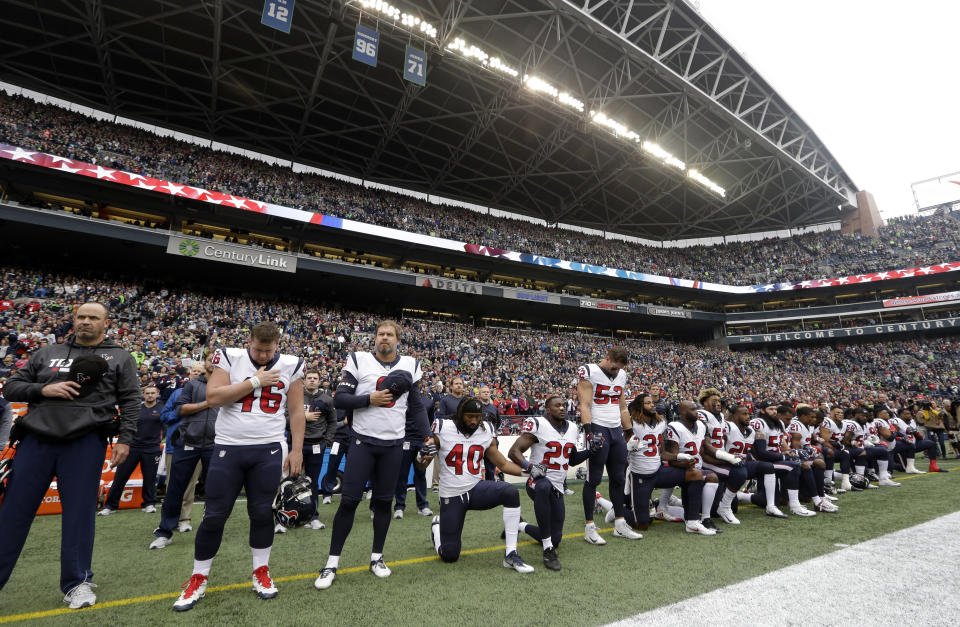 The Texans players took issue with team owner Bob McNair's comments and let him, along with everyone watching, know about it. (AP) 